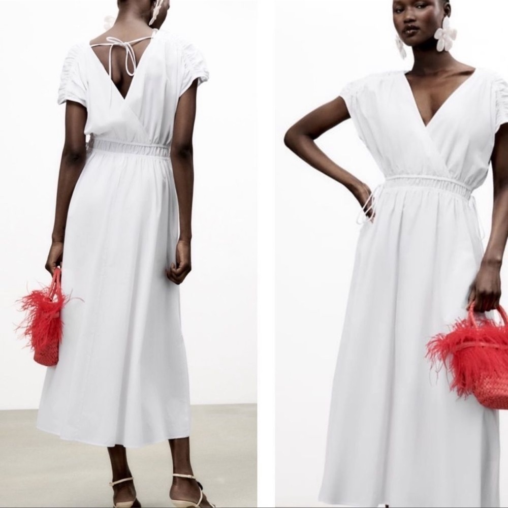 Zara white elastic waist cotton poplin dress